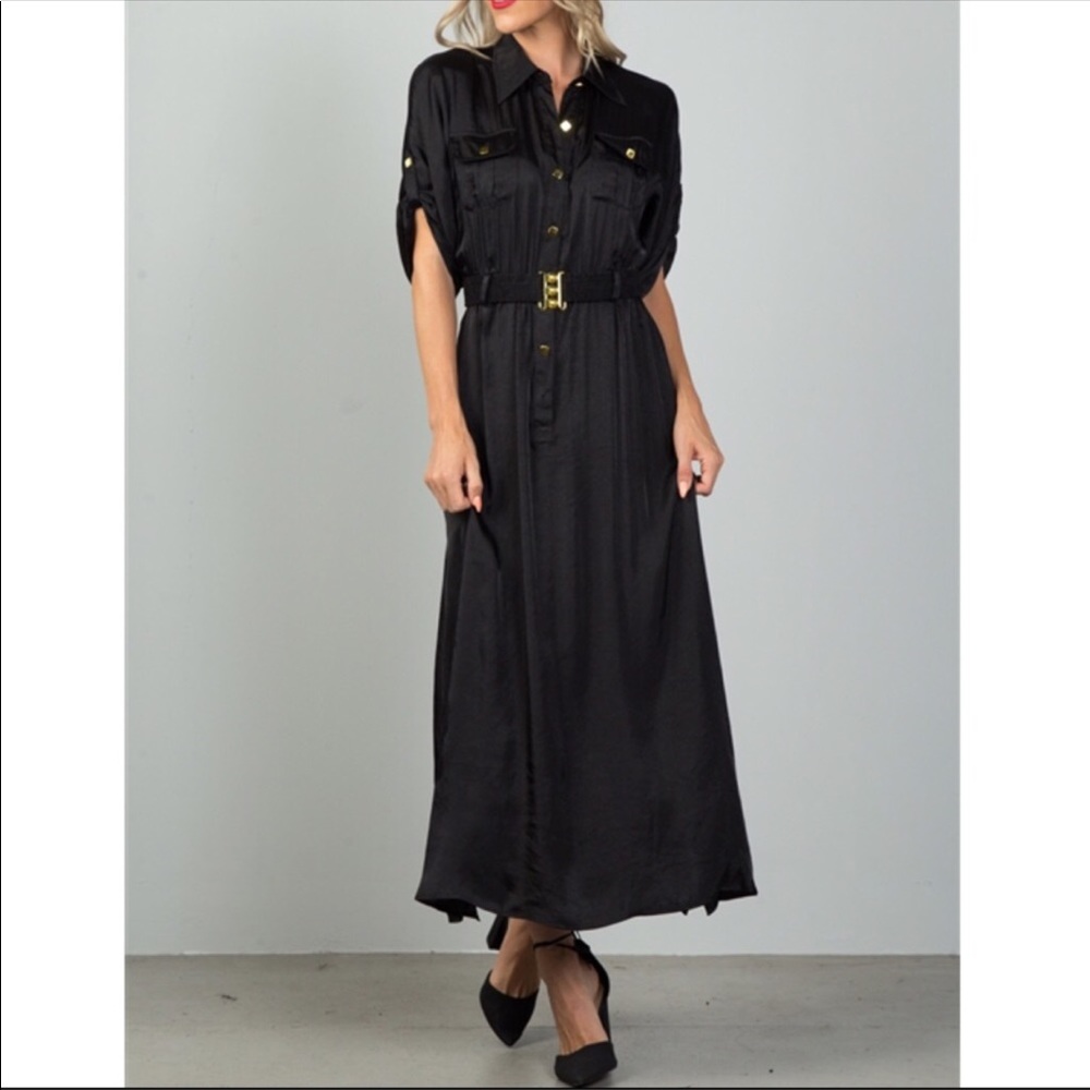 CCO REDUCTION Black Satin Belt Maxi Dress Large